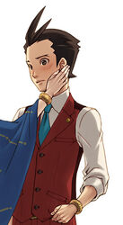  1boy apollo_justice apollo_justice:_ace_attorney blue_necktie blush brown_eyes brown_hair gyakuten_saiban jewelry kobashi lamiroir_(ace_attorney) male_focus necktie red_theme sleeves_rolled_up spoilers touching vest 