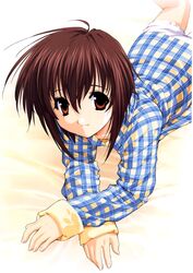  ahoge bed_sheet black_hair brown_eyes brown_hair female frills highres long_sleeves looking_at_viewer lying mamoru_(sister_princess) on_stomach pajamas plaid plaid_pajamas short_hair sister_princess sleeves_past_wrists smile solo tenhiro_naoto 