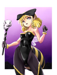  arthropod_girl bee_girl blonde_hair bow commentary_request female gloves hairbow hamu_no_jin leotard monster_girl original pantyhose pink_eyes pointy_ears queen_bee scepter short_hair skull solo wings 