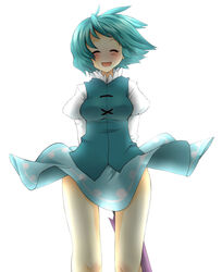  bad_id bad_pixiv_id blue_hair closed_eyes closed_umbrella female highres legs sherad short_hair solo tatara_kogasa touhou umbrella wide_hips 