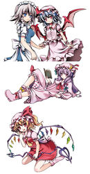  4girls arm_support bat_wings blonde_hair blue_eyes blue_hair book boots choker collage flandre_scarlet grey_hair hat highres holding_hands impossible_clothes impossible_shirt izayoi_sakuya laevatein_(touhou) long_hair lying maid maid_headdress multiple_girls on_back patchouli_knowledge photoshop_(medium) purple_eyes purple_hair reading red_eyes remilia_scarlet ribbon shirt short_hair side_ponytail simple_background sitting smile tomusooya touhou wariza wings wrist_cuffs 