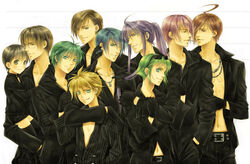  6+boys ahoge bad_id bad_pixiv_id cigarette cigarette_kiss earrings everyone formal genderswap_(ftm) glasses gumiya hatsune_mikuo hiyama_kiyoteru jewelry kaai_yuki kagamine_len kaito_(vocaloid) kamui_gakupo male_focus megurine_luki meito mikiya multiple_boys rule_63 shorts smile smoking suit sunglasses thighhighs vocaloid yuuno_(yukioka) 