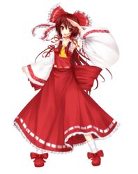  absurdres armpits bad_id bad_pixiv_id bell bow detached_sleeves female full_body hairbow hakurei_reimu highres long_hair niboss red_bow red_eyes red_hair ribbon salute solo touhou transparent_background 