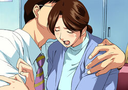  1boy arm_grab black_hair blush breasts brown_hair cirima closed_eyes couch dress_shirt female glasses hair_bun hand_on_another&#039;s_shoulder hikaru_no_go hug huge_breasts indoors jacket locker mature_female moaning necktie office_lady open_mouth parted_bangs photoshop_(medium) shindou_mitsuko shirt short_hair single_hair_bun sitting straight sweatdrop swept_bangs teacher turtleneck upper_body watch white_shirt wince wristwatch 