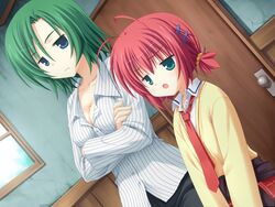  2girls antenna_hair blue_eyes bra-ban! cardigan crossed_arms ebihara_minase game_cg green_hair hair_ornament hairclip multiple_girls muririn necktie school_uniform shinkaichi_kazune staring twintails 