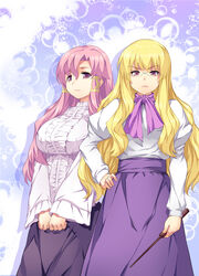  2girls bad_id bad_pixiv_id blonde_hair cattleya_yvette_la_baume_le_blanc_de_la_fontaine dress eleanor_albertine_le_blanc_de_la_blois_de_la_valliere frills glasses highres long_hair multiple_girls photoshop_(medium) pink_eyes pink_hair tosh_(imonade_ryouchou) wand zero_no_tsukaima 