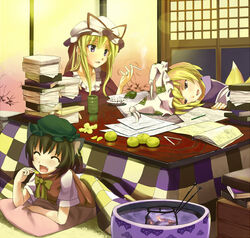  3girls animal_ears ashtray bad_id bad_pixiv_id blonde_hair bonnet book brown_hair cat_ears chen cigarette compass cup earrings food fox_tail fruit hat hidebo jewelry kotatsu long_hair multiple_girls multiple_tails pencil pillow purple_eyes short_hair smoking table tail tea touhou wooden_pencil yakumo_ran yakumo_yukari yellow_eyes yunomi 