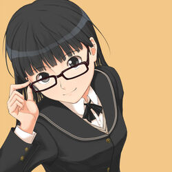  adjusting_eyewear amagami ayatsuji_tsukasa bespectacled black_eyes black_hair black_jacket commentary_request female gebo glasses jacket kibito_high_school_uniform long_hair long_sleeves looking_up school_uniform smile solo 