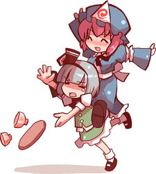  2girls =_= ^_^ bad_id bad_pixiv_id chibi closed_eyes cup hat houroku konpaku_youmu multiple_girls saigyouji_yuyuko touhou tray 