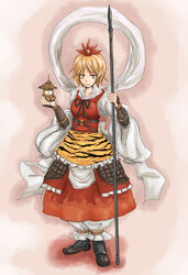  animal_print bishamonten&#039;s_pagoda bishamonten&#039;s_spear blonde_hair commentary_request female highres michael-x multicolored_hair polearm shawl short_hair solo spear tiger_print toramaru_shou touhou weapon yellow_eyes 