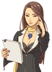  badge bra breasts brown_hair cleavage earrings female gyakuten_saiban jewelry kobashi large_breasts lingerie lowres magatama mia_fey mole mole_under_mouth necklace paper scarf solo underwear 