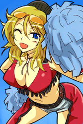  blonde_hair blue_eyes blush breasts cheerleader cleavage crop_top elite_beat_agents elite_beat_divas female fringe_trim large_breasts long_hair michael_f91 midriff one_eye_closed open_mouth photoshop_(medium) pom_pom_(cheerleading) solo starr sunglasses 