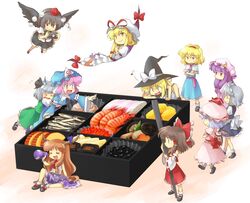  &gt;_&lt; +_+ 6+girls alice_margatroid bat_wings black_hair black_wings blonde_hair bow braid brown_hair camera chibi chopsticks closed_eyes commentary_request crustacean datemaki_(food) detached_sleeves fish fish_(food) food gap_(touhou) gourd grey_hair hairband hakurei_reimu hanjuku_tomato hat ibuki_suika ikura_(food) in_food izayoi_sakuya japanese_clothes kamaboko kirisame_marisa konbumaki konpaku_youmu long_hair maid mini_person minigirl multiple_girls musical_note new_year nimono osechi patchouli_knowledge pink_hair purple_eyes purple_hair red_eyes remilia_scarlet ribbon saigyouji_yuyuko shameimaru_aya short_hair shrimp sweatdrop tokin_hat touhou twin_braids wings witch_hat yakumo_yukari yellow_eyes 