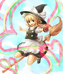  bad_id bad_pixiv_id blonde_hair braid broom broom_riding buttons dress female hair_ribbon hat heart kirisame_marisa mary_janes mini-hakkero oerba_yun_fang open_mouth outstretched_arms ribbon shoes short_hair sigina smile socks solo spread_arms touhou witch_hat yellow_eyes 