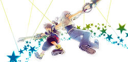  2boys artistic_error bad_id bad_pixiv_id blue_eyes brown_hair gloves jewelry keyblade kingdom_hearts kingdom_hearts_ii kingdom_key male_focus multiple_boys necklace oomorimori riku_(kingdom_hearts) smile sora_(kingdom_hearts) spoilers star_(symbol) way_to_the_dawn white_hair 