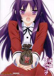  blush confession dress female fujino_tamao gift gift_bag hands heart highres holding holding_gift incoming_gift kani_biimu long_hair looking_at_viewer mayoi_neko_overrun! open_mouth purple_eyes purple_hair school_uniform solo upper_body valentine very_long_hair 