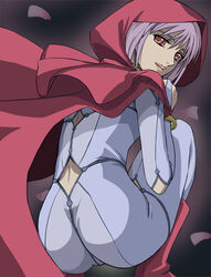  ass back bodysuit boots bracelet cheza cloak female floating_cape from_behind haruyama_kazunori hood hooded_cloak jewelry lipstick looking_back makeup petals purple_hair red_eyes short_hair smile solo squatting wolf&#039;s_rain 