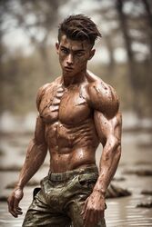  3d 3d_(artwork) abs ai_generated army biceps big_bulge bulge bulging_biceps gooeyvision huge_bulge male male_only military muddy muscles muscular muscular_male outdoors outside pecs shirtless_male smooth_chest smooth_skin soldier 