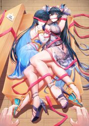  1other 2girls absurdres arms_up back bare_legs bare_shoulders black_hair blue_dress blue_hair blush bound bound_wrists box breasts chinese_commentary colored_inner_hair commentary_request detached_sleeves dress gagged high_heel_sandals highres hip_vent large_breasts legs long_hair looking_at_viewer lucia:_pyroath_(pgr) lucia_(pgr) median_furrow multicolored_hair multiple_girls nail_polish official_alternate_costume open_mouth pov pov_hands punishing:_gray_raven purple_dress purple_nails red_eyes red_ribbon ribbon sandals selena:_pianissimo_(pgr) selena_(pgr) shoulder_blades skaven_gongcheng_shushi streaked_hair thighs toenail_polish toenails toes very_long_hair white_sleeves 
