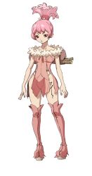  :o anime_coloring boots breasts dr._stone dress female full_body highres hip_vent iwase_yuuko_(artist) looking_at_viewer medium_breasts momiji_homura off-shoulder_dress off_shoulder official_art open_mouth pelvic_curtain pink_boots pink_hair platform_boots red_eyes short_hair side_slit simple_background solo standing thick_lips thigh_boots thighs topknot transparent_background tsurime v-shaped_eyebrows 