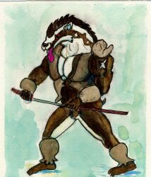  absurd_res andromorph anthro drawing_sword erchon_artist generation_8_pokemon hi_res ink intersex male melee_weapon nintendo null_bulge obstagoon painting_(artwork) pecs pokemon pokemon_(species) scan solo standing sword tongue tongue_out watercolor_(artwork) weapon 