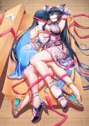  2girls absurdres arms_up back bare_legs bare_shoulders black_hair blue_dress blue_hair blush bound bound_wrists box breasts chinese_commentary colored_inner_hair commentary_request detached_sleeves dress gagged high_heel_sandals highres hip_vent large_breasts legs long_hair looking_at_viewer lucia:_pyroath_(pgr) lucia_(pgr) median_furrow multicolored_hair multiple_girls nail_polish official_alternate_costume open_mouth punishing:_gray_raven purple_dress purple_nails red_eyes red_ribbon ribbon sandals selena:_pianissimo_(pgr) selena_(pgr) shoulder_blades skaven_gongcheng_shushi streaked_hair thighs toenail_polish toenails toes very_long_hair white_sleeves 