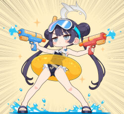  black_one-piece_swimsuit blue_archive blush_stickers double_bun dual_wielding emphasis_lines female goggles goggles_on_head grey_halo hair_bun halo highres holding kisaki_(blue_archive) long_hair mutsuse one-piece_swimsuit swim_goggles swimsuit twintails water water_gun 