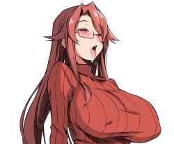  aty_(summon_night) batta_16-sei blush breasts covered_nipples curtained_hair drooling empty_eyes female glasses highres large_breasts long_hair long_sidelocks no_pupils open_mouth pink_eyes raised_eyebrows red-framed_eyewear red_hair red_sweater ribbed_sweater saliva semi-rimless_eyewear sidelocks simple_background solo summon_night sweater tongue tongue_out turtleneck turtleneck_sweater under-rim_eyewear upper_body white_background 