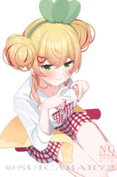  alternate_costume alternate_hairstyle blonde_hair blush bow bowtie breasts cherry_pop_(vocaloid) cleavage closed_mouth clothes_around_waist collared_shirt commentary_request crossed_bangs dot_nose double_bun female four-finger_heart_hands gradient_hair green_eyes green_hairband hair_bun hair_ornament hair_over_shoulder hairband heart heart_hair_ornament heart_hands highres hololive long_hair looking_at_viewer momosuzu_nene multicolored_hair parody pink_hair plaid_bow plaid_bowtie plaid_clothes plaid_skirt red_bow red_bowtie red_hair red_skirt red_socks seiza shirt sidelocks simple_background sitting skirt smile socks solo streaked_hair suicabar72 sweater sweater_around_waist twitter_username two-tone_bow two-tone_bowtie two-tone_skirt virtual_youtuber watermark white_background white_bow white_bowtie white_shirt white_skirt yellow_sweater 