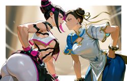 2girls absurdres ass black_hair bracelet breasts brown_hair chinese_clothes chun-li double_bun fingerless_gloves gloves hair_bun hair_horns hand_on_own_hip highres jewelry juri_han large_breasts looking_at_another multicolored_hair multiple_girls pink_hair short_hair sideboob spiked_bracelet spikes street_fighter street_fighter_6 yagi_(joe731842) 
