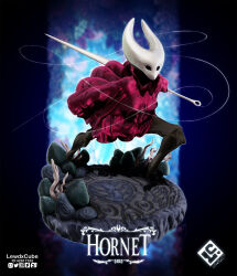  3d_(artwork) absurd_res anthro arthropod black_body black_eyes breasts cloak cloak_only clothing digital_media_(artwork) empty_eyes featureless_feet feet female front_view hi_res holding_object holding_weapon hollow_knight hornet_(hollow_knight) insects lewdxcube looking_at_viewer red_cloak red_clothing solo team_cherry text weapon white_body 