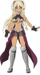  anime_coloring armor bike_shorts bikini_armor black_gloves blonde_hair blue_eyes braid breasts closed_mouth collarbone dark-skinned_female dark_skin edelgard_(isekai_maou) female fingerless_gloves full_body gloves greaves hair_between_eyes hair_ornament hair_scrunchie isekai_maou_to_shoukan_shoujo_no_dorei_majutsu kaneko_shizue long_hair looking_at_viewer medium_breasts navel official_art open_hand panties panties_over_bike_shorts pointy_ears red_scrunchie scrunchie simple_background solo standing swimsuit_over_clothes transparent_background two_side_up underwear very_long_hair waist_cape 