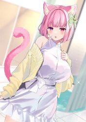  :o animal_ear_fluff animal_ears bare_shoulders blush bob_cut breasts cat_ears cat_girl cat_tail dating dress female green_ribbons hair_ornament hair_ribbon highres indie_virtual_youtuber kouya_no_naga_samurai large_breasts long_sleeves medium_hair pink_hair pov ribbon shima_koume shirt skirt sleeveless sweater tail tenshouin_himeno tented_shirt turtleneck virtual_youtuber waist_ribbon white_dress white_shirt yellow_sweater 