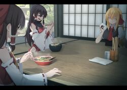  3girls absurdres aged_up ascot bare_shoulders black_hair black_leotard black_vest blonde_hair bow bowl breasts brown_eyes brown_hair chinese_commentary chopsticks closed_eyes closed_mouth clothing_cutout collared_shirt commentary_request covered_collarbone detached_sleeves eating ex-rumia expressionless food food_on_face frilled_hair_tubes frills hair_between_eyes hair_tubes hairbow hakurei_reimu highres hip_vent holding holding_chopsticks holding_food jager leotard letterboxed long_hair mole mole_under_eye multiple_girls noodles onigiri open_mouth osana_reimu ramen red_ascot red_bow red_ribbon red_shirt red_skirt ribbon ribbon-trimmed_sleeves ribbon_trim rice rice_on_face rumia sendai_hakurei_no_miko shirt short_sleeves skirt sleeveless sleeveless_shirt smile steam table tatami touhou very_long_hair vest white_shirt yellow_ascot yellow_eyes 
