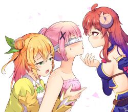  3girls ahoge blindfold blush breasts brown_hair chiyoda_momo crisis_management_form_(machikado_mazoku) cruvie curled_horns demon_girl demon_horns green_eyes hair_bun hair_ornament hair_ribbon highres hinatsuki_mikan horns long_hair machikado_mazoku multiple_girls open_mouth orange_hair pink_hair ribbon short_hair sideboob single_hair_bun single_side_bun sweat yoshida_yuuko_(machikado_mazoku) yuri 