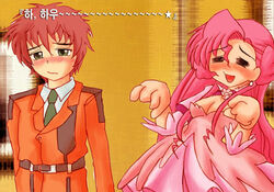  1boy =_= artist_request belt blush brown_belt closed_mouth coat code_geass collared_shirt dress euphemia_li_britannia female green_necktie higurashi_no_naku_koro_ni korean_text kururugi_suzaku lapels lowres military military_uniform necktie nose_blush notched_lapels orange_coat parody photoshop_(medium) pink_dress ryuukishi07_(style) shirt source_request spoken_star star_(symbol) uniform white_shirt 