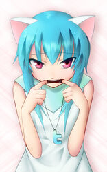  animal_ears aqua_hair cat_ears commentary_request fangs female finger_in_own_mouth highres jewelry necklace photoshop_(medium) red_eyes solo twit-tan twitter urepito_honke 