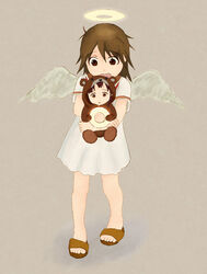  2girls angel angel_wings bear brown_hair commentary_request crossover es_(pixiv295215) feathered_wings haibane_renmei halo iwakura_lain multiple_girls photoshop_(medium) rakka_(haibane) sailor_collar sandals serial_experiments_lain short_hair static_cling wings 