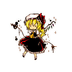  bad_id bad_pixiv_id blonde_hair chibi commentary_request dlei dress female flandre_scarlet full_body puffy_short_sleeves puffy_sleeves red_dress short_hair short_sleeves simple_background solid_circle_eyes solo touhou white_background 