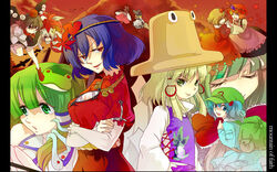  6+girls aki_minoriko aki_shizuha animal_ears backpack bad_link bag bird blonde_hair blue_eyes blue_hair bow broom brown_hair crow detached_sleeves frog geta green_eyes green_hair grey_hair hair_bobbles hair_ornament hair_ribbon hakurei_reimu hat highres inubashiri_momiji japanese_clothes kagiyama_hina kawashiro_nitori kirisame_marisa kochiya_sanae leaf leaf_hair_ornament long_hair moriya_suwako mountain_of_faith multiple_girls onbashira photoshop_(medium) pillar purple_hair pyonta red_eyes ribbon rope shameimaru_aya shield short_hair siblings sisters snake sword tail tengu-geta tokin_hat touhou twintails weapon witch_hat wolf_ears wolf_tail yasaka_kanako yellow_eyes zanunoneko 