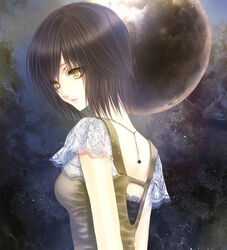  brown_hair dress fatal_frame fatal_frame_4 female looking_back lowres minazuki_ruka moon short_hair solo yellow_eyes yusa_tk74 