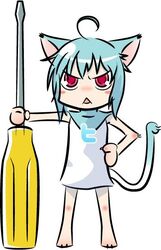  :&lt; ahoge animal_ears aqua_hair bad_id bad_pixiv_id cat_ears cat_tail commentary_request female meganeinu oversized_object red_eyes screwdriver solo tail twit-tan twitter 