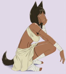  animal_ears bandages barefoot breasts brown_hair commentary_request copyright_request dark-skinned_female dark_skin female medium_breasts sawa_jaaji solo squatting tail tattoo toeless_legwear toes tribal yellow_eyes 