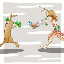  antenna_hair barefoot chasing commentary_request costume creature_and_personification female lowres personification pokemon pokemon_(creature) squirt_bottle_(pokemon) squirtle sudowoodo tenjou_ryuka watering_can 