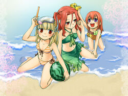  3girls :d anklet barefoot beach bikini blonde_hair candy_(rune_factory) commentary_request day diving_mask diving_mask_on_head drop_(rune_factory) flower food front-tie_top fruit goggles goggles_on_head green_sarong hair_flower hair_ornament highres holding holding_food holding_fruit holding_watermelon jewelry junji kneeling multiple_girls one-piece_swimsuit open_mouth outdoors purple_eyes red_eyes red_hair rosetta rune_factory rune_factory_frontier sarong side-tie_bikini_bottom sitting smile snorkel striped_bikini striped_clothes swimsuit twintails wading wariza water watermelon 