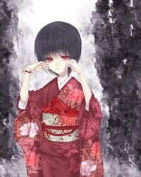  black_hair fatal_frame fatal_frame_2 female ghost japanese_clothes kimono lowres rattle red_eyes red_kimono short_hair solo spirit tachibana_chitose tears yusa_tk74 