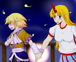  2girls arm_warmers blonde_hair blush closed_eyes commentary_request cuffs embarrassed ghost glowing holding_hands horns hoshiguma_yuugi long_hair mizuhashi_parsee multiple_girls open_mouth pointy_ears profile scarf sento_(iroiro_gottani) shirt short_hair short_sleeves single_horn surprised t-shirt touhou tsundere walking yellow_eyes yuri 