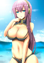  bikini blue_eyes breasts cleavage commentary_request female hairband large_breasts long_hair markings megurine_luka photoshop_(medium) pink_hair purple_hair ribbon solo swimsuit vocaloid wakame water 