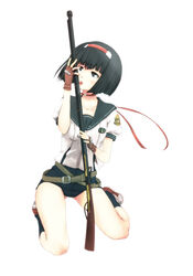  antique_firearm bad_id bad_pixiv_id belt black_eyes black_hair blunt_bangs bob_cut female firelock gun headband highres kneeling licking na_(zooncopter) no_pants photoshop_(medium) rance_(series) rifle school_swimsuit school_uniform sengoku_rance sexually_suggestive short_hair solo swimsuit swimsuit_under_clothes weapon yuzuhara_yuzumi 