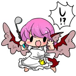  animal_ears apron buuwa chibi commentary_request female holding ladle mystia_lorelei open_mouth pink_hair shinkon_santaku short_hair simple_background solo touhou translated wings 